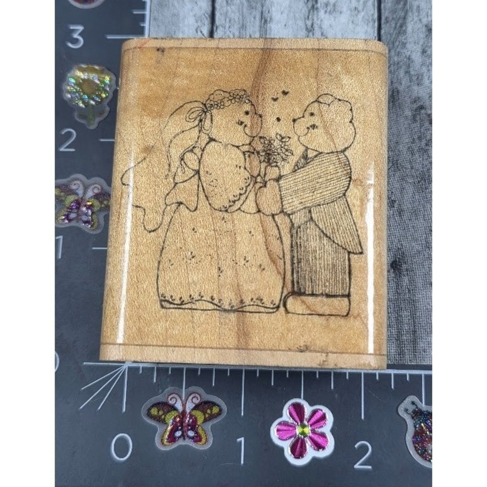 Dots Wedding Bears H137 1989 Bride Groom Rubber Stamp Wood #S53